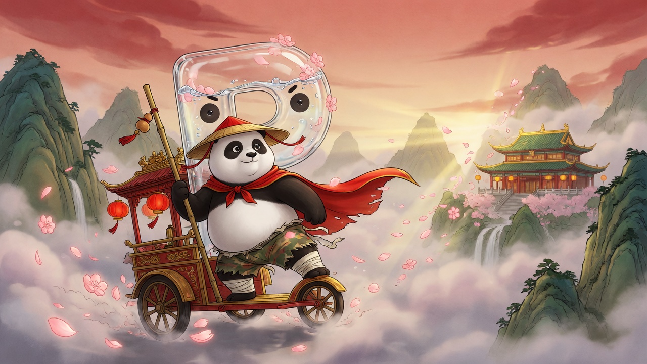 Kung Fu Ponda riding through a misty mountain valley toward a jade palace