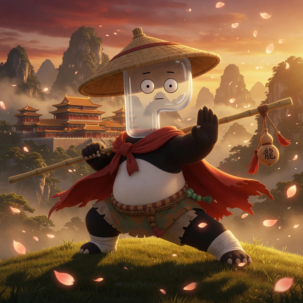 Kung Fu Ponda, the panda warrior with a glass P head, standing in a kung fu stance before a mountain palace